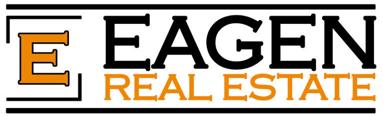Logo with a large orange letter E on the left and the words REAL ESTATE in bold orange text to the right, perfect for a Missoula Commercial Broker, all on a transparent background.